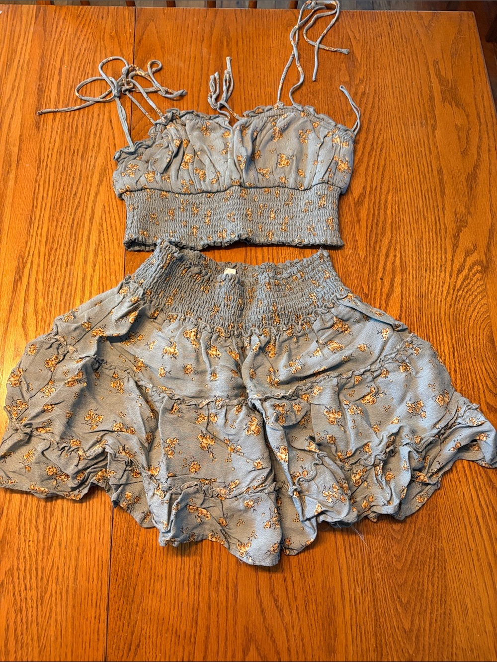 Garage Blue Floral Smocked Crop Top & Ruffle Skirt Set